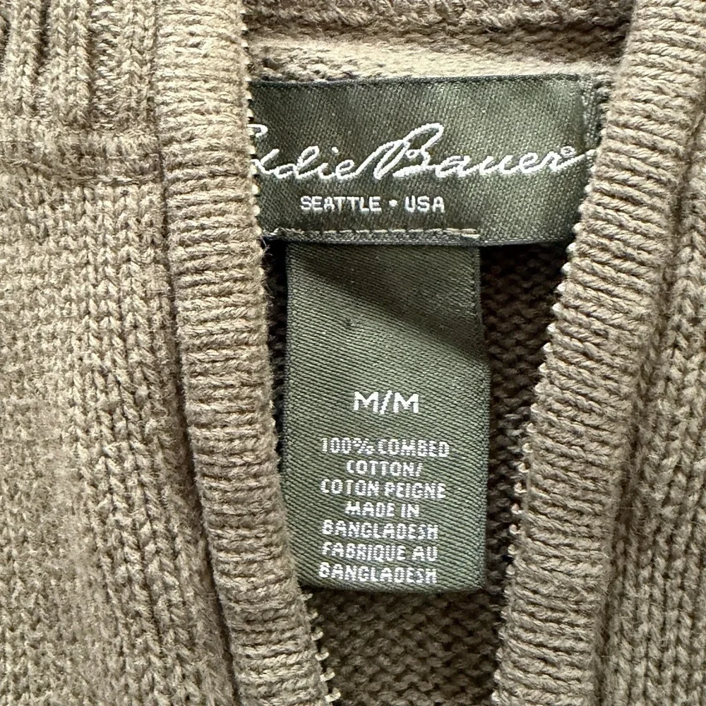 Eddie Bauer Mens M Green Quarter Zip Cotton Knit Sweater Pullover Preppy Outdoor
